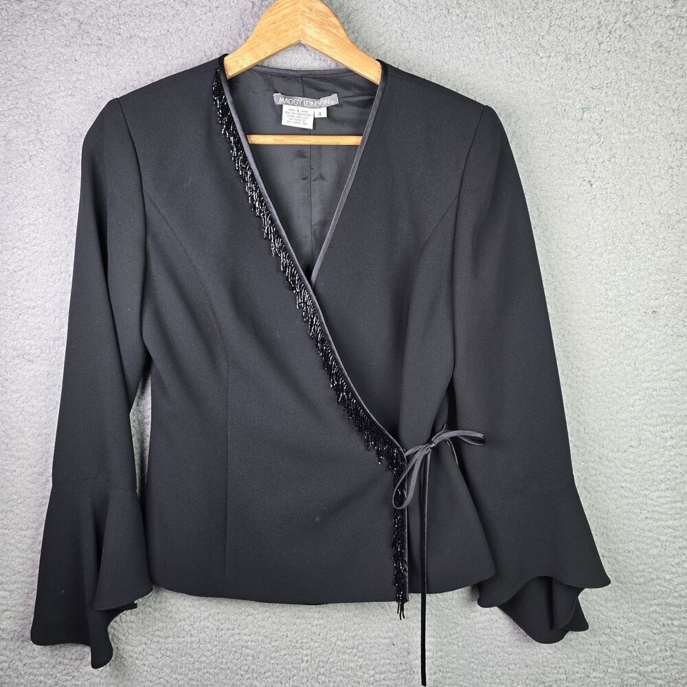 Maggy London Wrap Jacket Black 4 Bell Sleeve Fringe Trim Lined Cocktail